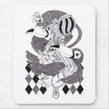 猫×少女×オニオオハシモノクロペン画（Cat Girl Tocotoucan monochrome マウスパッド