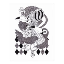 猫×少女×オニオオハシモノクロペン画（Cat Girl Tocotoucan monochrome ポストカード