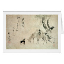 馬の家族, 北斎 Familie des Pferds, Hokusai, Sumi-e Karte