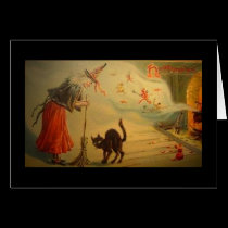 Alte alte Frau Vintager Halloween-Karte mit Katze karten