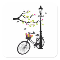 Altes Fahrrad mit Lampe, Blumenkorb, Vögel, Baum aufkleber