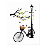 Altes Fahrrad mit Lampe, Blumenkorb, Vögel, Baum Postkarten