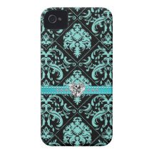 Aqua-blaues und schwarzes Damasked Muster mit Diam iPhone 4 Case-Mate Hülle