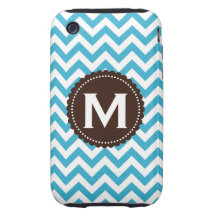 Aqua-blaues weißes Monogramm-Zickzack Muster Tough iPhone 3 Cover