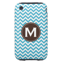 Aqua-blaues weißes Monogramm-Zickzack Muster Tough iPhone 3 Hülle