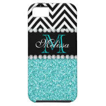 AQUA-GLITTER-SCHWARZ-ZICKZACK MIT MONOGRAMM SCHUTZHÜLLE FÜRS iPhone 5