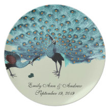 Aqua-u. Mandarine-perfekte Paar-Pfau-Kunst Nouveau Flacher Teller