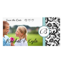 Aqua u. schwarzer Damast Save the Date Ihr Foto Individuelle Photo Karte