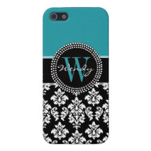 Aquamariner, schwarzer Damast Ihre Initiale, Ihr N iPhone 5 Case