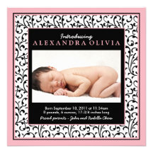 Baby-Foto-Damast-Blumengeburts-Mitteilung Personalisierte Einladungen