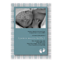 Baby-Schritt-Geburts-Mitteilung - Baby-Blau karier Individuelle Einladung