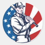 Baseball-Spieler, der Schläger-Flaggeholzschnitt h Aufkleber