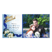 Blaue Bänder der Chanukka-Foto-Karte mit Blumen Photo Karte
