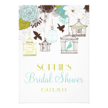 Blaue Birdcages u. Blumen-Brautparty-Einladungen