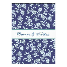 Blaue Blumen-Damast-Hochzeits-Einladung