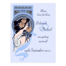Blaue Kunst nouveau Save the Date Postkarte