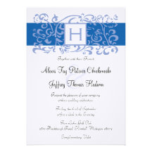 Blaue Monogramm-Rebe-Hochzeits-Einladung