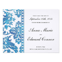 Blaue Vintage Damast-Spitze Save the Date Einladungskarten
