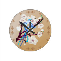 Blaue Vogel-und Kirschblüten Wallclock