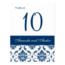 Blauer Damast-Wedding Tischnummer-Karten Postkarte