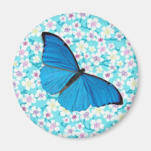 Blauer Schmetterling auf asiatischem Blumen Kühlschrankmagnet