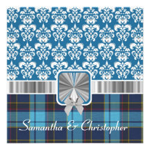 Blauer Tartan kariert u. Damast Personalisierte Einladungskarte