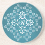 Blauer und weißer Damast-mit Monogramm Untersetzer