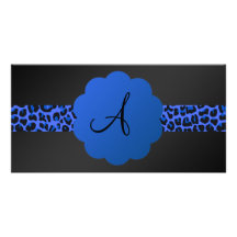 Blaues Leopardstreifenmonogramm Photogrußkarten