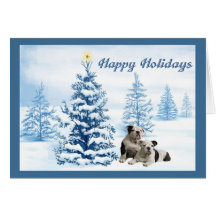 Bulldoggen-Weihnachtsblaue Baum-Gruß-Karte