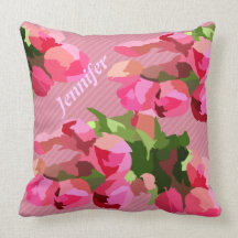 Bunches of Pink Tulips on a Striped Background Pillows