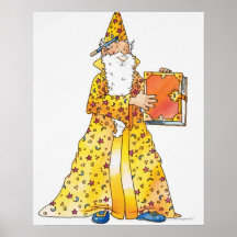 Cartoon, lächelnder Zauberer mit langem weißem Bar Plakat