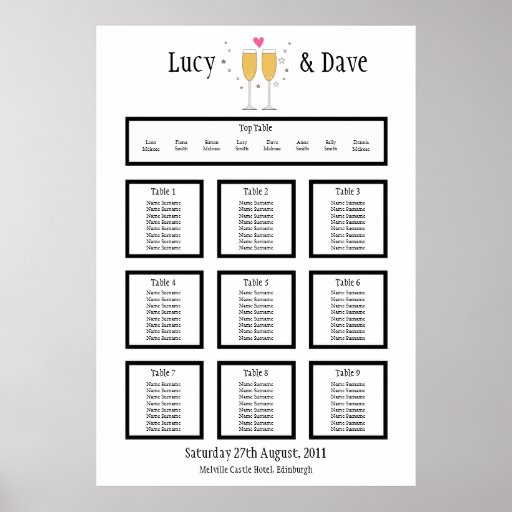 Champagne-Toast-Hochzeits-Tabellen-Sitzplatz-Plan Plakate