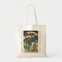 Classic vintage ukiyo-e two geishas with umbrella bags