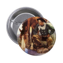 Cowboy, der sein Pferd durch NC Wyeth, Vintage Kun Anstecknadelbutton
