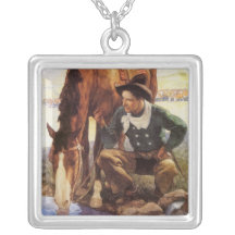 Cowboy, der sein Pferd durch NC Wyeth, Vintage Kun Selbst Gestaltete Halskette