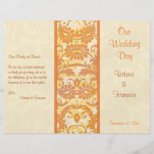 Creme, Orange, Golddamast-Hochzeits-Programm Flyerdesign