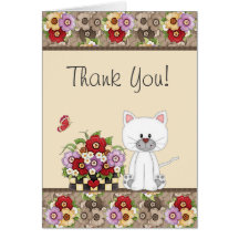 Cute Cat, Flowers and Butterfly Thank You Card