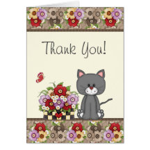 Cute Cat, Flowers and Butterfly Thank You Card