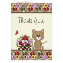 Cute Cat, Flowers and Butterfly Thank You Card