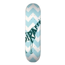 Cute Giraffe Hand Drawn Sketch on Blue Chevron Skate Decks