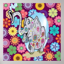 Cute Hippie Elephant with Colorful Flowers Poster