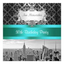 Damast-Geburtstags-Party NY StadtSkyline BW B3 lad Einladungskarte
