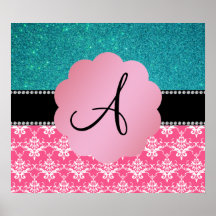 Damast-Türkis-Glitter des Monogramms rosa Posterdrucke