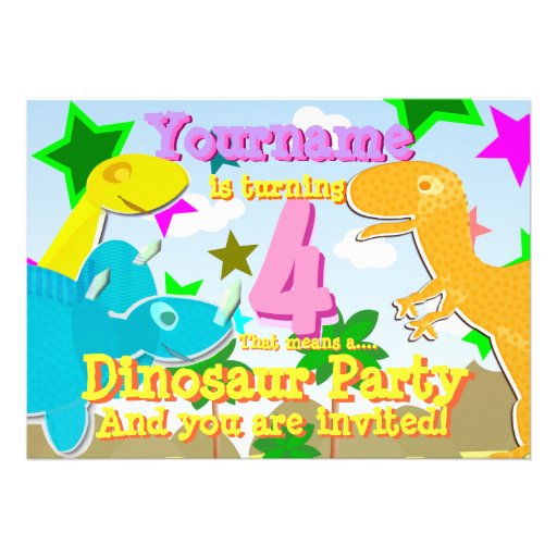 Drehen von 4 Cartoon Dinos Geburtstags-Party Einla