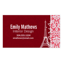 Eiffel Tower, Paris, Red Damask Business Card Template