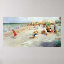 Ein beschäftigter Strand im Sommer Plakat