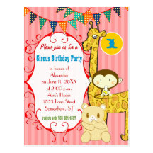 Ein jähriges Zirkus-Elefant-Affe-Giraffen-Party Postkarte