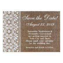 Einfache Leinwand und Spitze Save the Date Personalisierte Einladungskarten