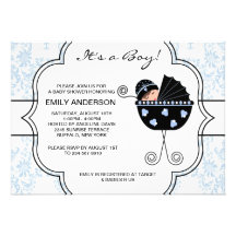Elegante Damast-blaues Schwarz-Baby-Dusche Personalisierte Einladungskarten