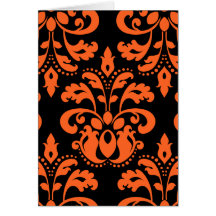 Eleganter Damast in Schwarzem und Orange für Hallo Grußkarte